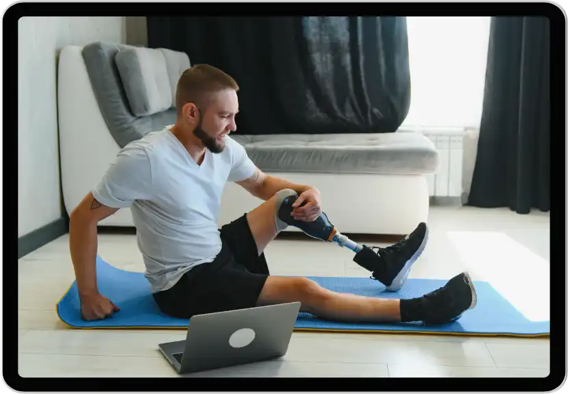 Tele-rehab: Work injury rehab treatment. Prosthetic leg. Improve function, mobility recovery. Pain relief with licensed physical therapist.