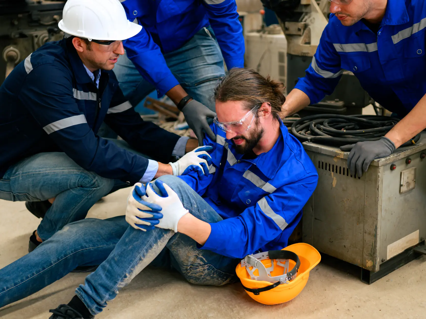 Work injury rehab: Workers in safety gear. Physical therapy for pain relief and mobility recovery.