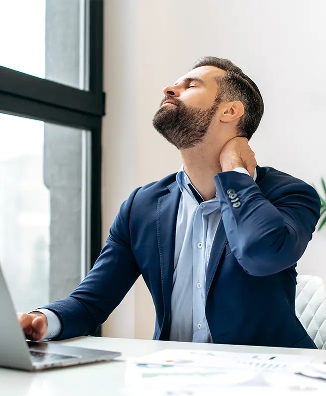 Neck pain relief. Work injury rehab at rehabilitation clinic. Physical therapy for mobility recovery. Patient care.